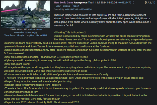 Leak describing increased dev team size, current-gen-exclusive release, and early gameplay implementations for Frontiers 2.